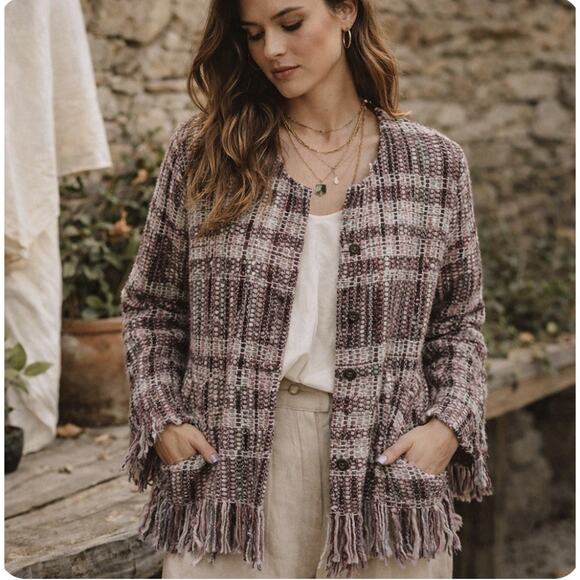 Anthropologie Jackets & Blazers - Anthropologie ETT:IWA Sz L LS Tweed Fringe Snap Frnt Brn Cream Rust Green Jacket